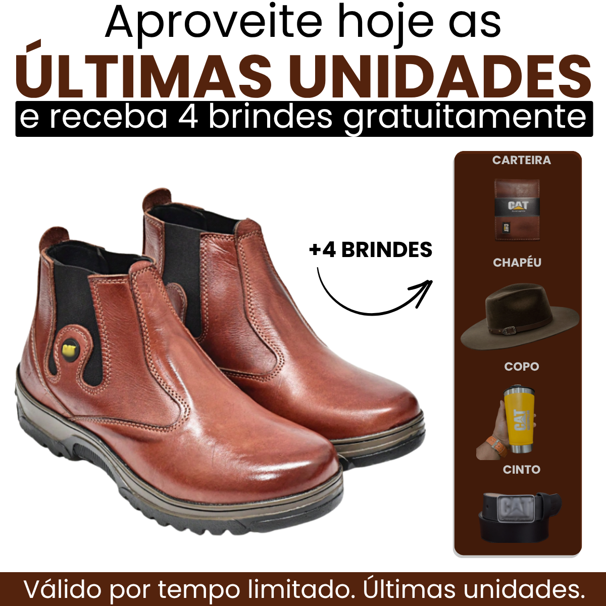 Kit Bota Masculina Adventure em Couro Legítimo e Palmilha Ortopédica +BRINDES: Chapéu, Cinto, Carteira e Copo